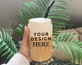 Mockup van helder glazen blikje | Libbey glazen blikje van 16 oz | Mockup ijskoffiekop | Mockup glazen beker | Mockup glas bierblikje