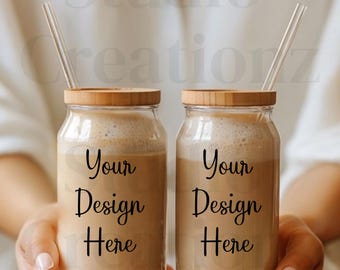 16oz. Mockup glazen blikje | Mock-up koffiemok | Koffiebeker | Mockup bierblikje | Glazen sipperblikje