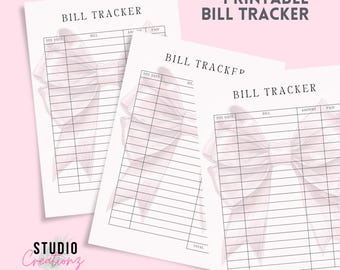 Rekeningentracker | Niet-gedateerde afdrukbare rekeningtracker | Maandelijkse rekeningtracker | Roze budgetvel met strik | A4- en US Letter-formaten | Uitgaventracker