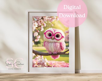 Schattige roze uil kunst aan de muur voor meisjeskamer - Woodland Animal Nursery Decor - afdrukbare uil artwork - baby meisje slaapkamer digitale download