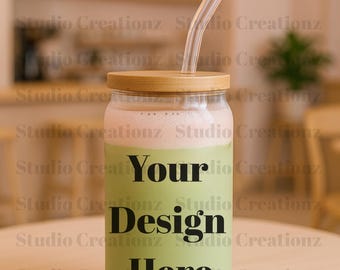Mockup matcha glazen blikje | 16oz drankmodel met bamboe deksel en rietje | Mockup sipperglas