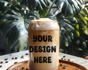 Mockup glazen blikje met ijskoffie | Mockup glazen blikje sipper | Mockup met helder blikglaslogo