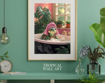 Ontspannende schildpad in bad kunst aan de muur - schattige dieren badkamer decor, grillige schildpad print, spa kinderdagverblijf kunstwerk, roze tropische jungle print
