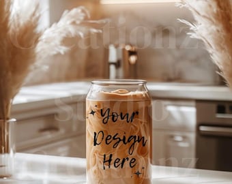 Mockup glazen blikje met ijskoffie | Mockup glazen blikje sipper | Mockup met helder blikglaslogo
