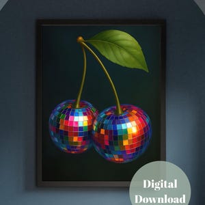 Disco Cherries Art Print | Colorful Disco Cherry Wall Art | Funky Retro Fruit Print | Vibrant Pop Art Decor | 70s Party Aesthetic