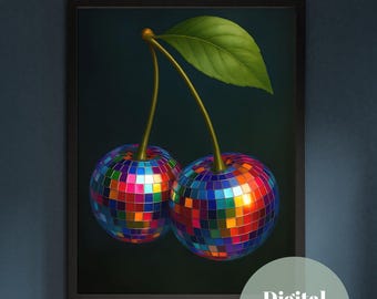 Discokersen kunstafdruk | Kleurrijke discokersen muurkunst | Funky retro fruitprint | Levendig pop-artdecor | Feestesthetiek uit de jaren 70