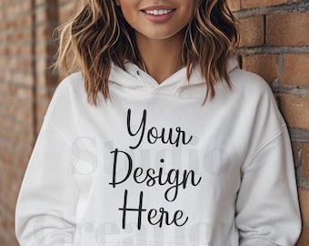 Gildan 18500 witte hoodie met capuchon | Mockup G185-sweater met capuchon | Eenvoudige oversized witte hoodie | Mockup digitale download met hoge resolutie