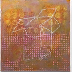May include: Abstract artwork on canvas featuring a white outline of a box against a textured backdrop. The background has a gradient of orange, pink, and brown, with a dotted pattern. The artwork is square.