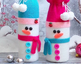 K013 Knitting Pattern - Snowman bottle covers for wine and champagne - Amigurumi - by Zabelina Etsy