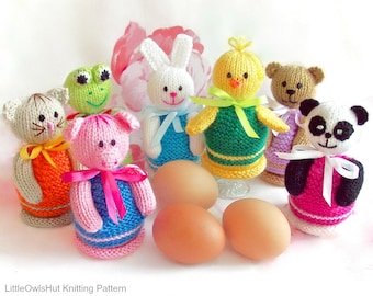 K017 Knitting Pattern - Eggs Cozy 7 animals: Panda Rabbit Chicken Frog Bear Cat Pig - Amigurumi - by Zabelina Etsy