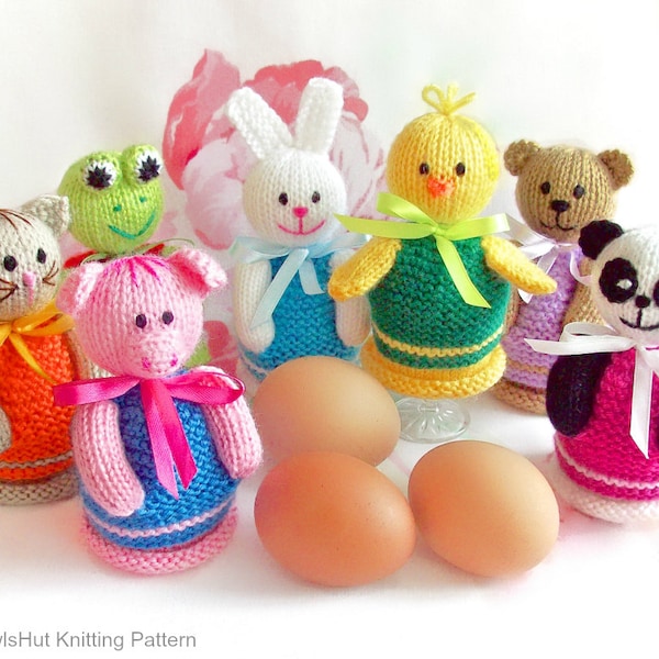K017 Knitting Pattern - Eggs Cozy 7 animals: Panda Rabbit Chicken Frog Bear Cat Pig - Amigurumi - by Zabelina Etsy