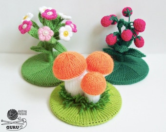 K041 Mushroom Knitting Pattern - Fairytale Magic Meadows for puppet theatre: berries, mushroom flower - Amigurumi - by Zabelina Etsy
