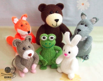 K048 Knitting Pattern - Bear, Fox, Wolf, Frog, Rabbit, Mouse - 6 soft toys knitted animals - by Zabelina Etsy