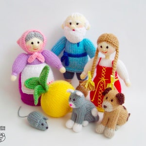 May include: Knitted doll family with a yellow turnip, a gray cat, and a brown dog. The dolls are dressed in traditional Russian clothing.