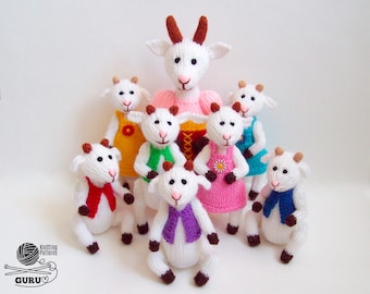 K063 Knitting Pattern - Mother Goat and 7 little goats, Farm animal, with clothes, travel toys, toy set  - Amigurumi - by Zabelina Etsy