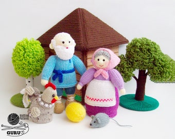 K066 Knitting Pattern - Full set Chicken Ryaba 9 toys set: Mouse, Egg, Chicken, Grandpa, Grandma, house, 3 trees- by Zabelina Etsy