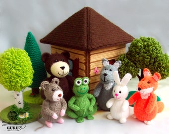 K055 Knitting Pattern - Teremok full set. House, Bear, Fox, Wolf, Frog, Rabbit, Mouse - 6 soft toys animals, 3 trees - by Zabelina Etsy