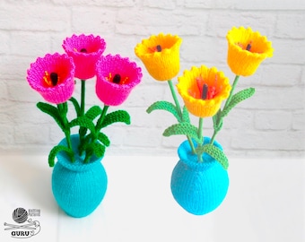 K087 Knitting Pattern - Bunch of Tulip Flower in a vase. Window, home decoration - by Zabelina Etsy