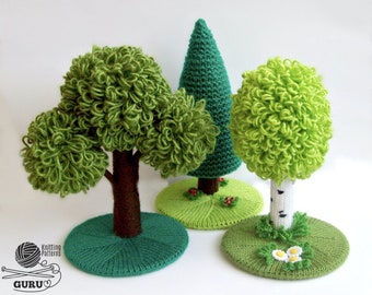 K036 Knitting Pattern - Fairytale Magic forest tree Birch, Oak, Fir tree - Amigurumi - by Zabelina Etsy