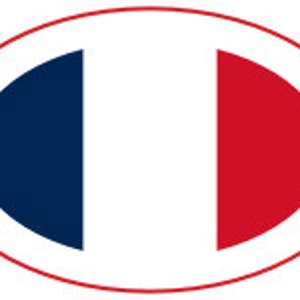 May include: A blue, white, and red oval sticker with a design resembling the French flag.
