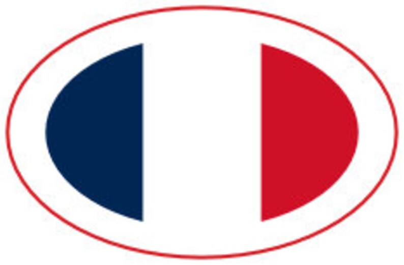 May include: A blue, white, and red oval sticker with a design resembling the French flag.