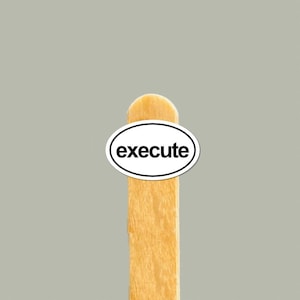 May include: A wooden popsicle stick with a white oval sticker that reads "execute" in black text. The background is a solid light gray color.