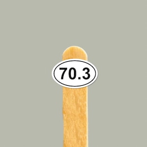 May include: A wooden popsicle stick with a white oval sticker displaying the number "70.3" in black. The background is a solid, light gray color.