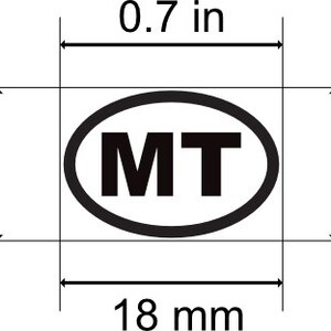 May include: Black and white oval logo with the letters "MT" inside. The logo is 0.7 inches wide and 0.4 inches high. The logo's dimensions are also provided in millimeters: 18 mm wide and 11 mm high.
