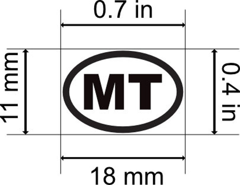 May include: Black and white oval logo with the letters "MT" inside. The logo is 0.7 inches wide and 0.4 inches high. The logo's dimensions are also provided in millimeters: 18 mm wide and 11 mm high.