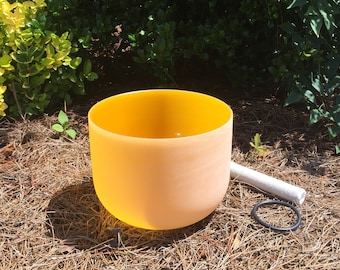 10 Inch E Note Solar Plexus Chakra Frosted Quartz Crystal Singing Bowl Musical Sound Healing Chakra Meditation Bowl with a mallet & O-ring