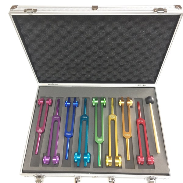 7 Chakras + 1 Soul Purpose Weighted Colored Tuning Fork Set Sound Healing with Individually Marked Chakra + Striker + Portable Case