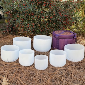 432Hz Perfect Pitch Hand Crafted 6 ~ 12 Inch Frosted Quartz Crystal Singing Bowls Set, Meditation Chakra bowl W/Individual bags & Master Bag