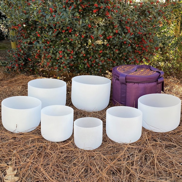 432Hz Perfect Pitch Hand Crafted 6 ~ 12 Inch Frosted Quartz Crystal Singing Bowls Set, Meditation Chakra bowl W/Individual bags & Master Bag