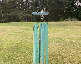 Antique Turquoise Wind Chime: 31" Metal Chimes with Crystal Sail