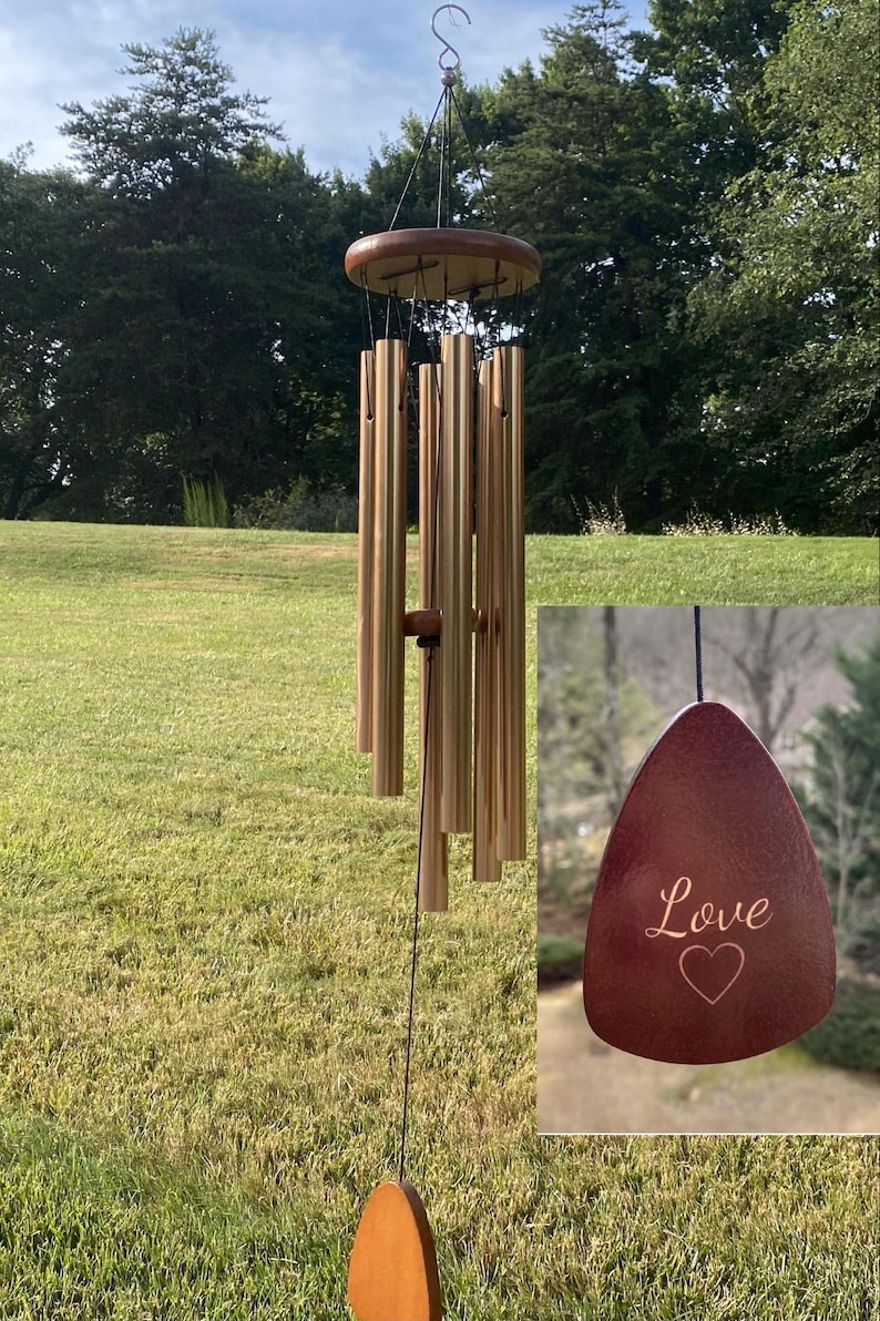Custom Engraving, 33 Inch Golden Wind Chime: Harmonic Deep Tone, Ash Wood Top Golden Engraving