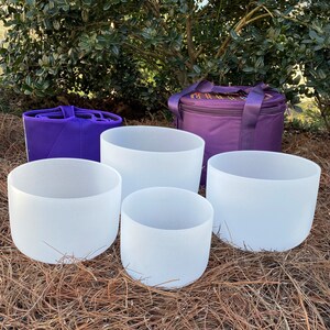 432Hz Perfect Pitch Hand Crafted Frosted Quartz Crystal Singing Bowl Set 3pcs or 4 pcs bowl set with Individual Bags & Outdoor Carrying Case