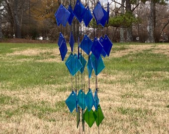 Colorful Outdoor Blue Oval and Red Diamond Glass Wind Chime - 30" Charming Garden Chime