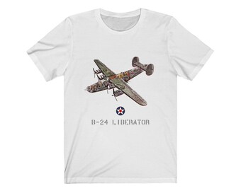 May include: White t-shirt with a vintage illustration of a B-24 Liberator bomber plane. The plane is green and brown with a red, white, and blue star on the tail. The text "B-24 LIBERATOR" is printed below the plane.