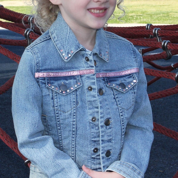 Toddler Denim Jacket - Embellished - Bling - Pink - Sparkle - Swarovski Crystals - Rhinestone Rivets