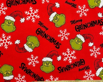 Grinch Christmas Fabric - Merry Grinchmas on Red - 100% Cotton - Yard, 1/2 Yard, Fat Quarter - FREE SHIPPING