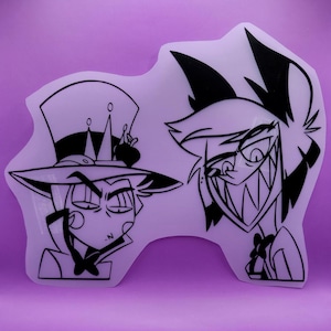 May include: A black and white illustration of two cartoon characters on a white background. One character wears a top hat and a bow tie, while the other has a wide grin and spiky hair. The background is a solid purple.