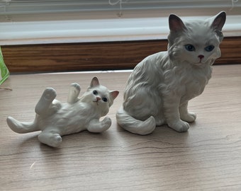 Vintage Lefton White Persian Cat and Kitten Figurines