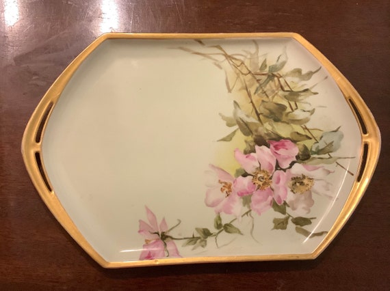 Vintage MZ Austria Pink Flowers and Gold Trim Tray 