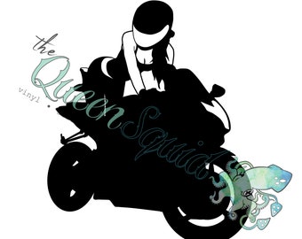 May include: A black silhouette graphic of a person wearing a helmet while riding a motorcycle. The text "the Queen Squad" is written in a light blue script font, and a small, watercolor-style green and blue squid illustration is visible.