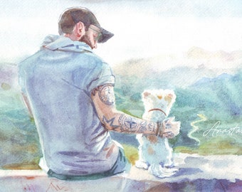 Hand-Painted Watercolor Pet Owner Portrait: Custom Dog Art Gift