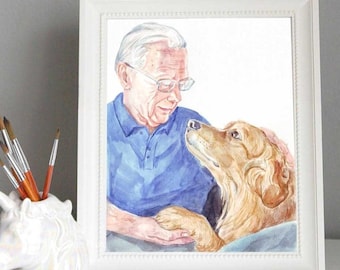 Retrato personalizado en acuarela de mascota y dueño: un regalo conmemorativo único.