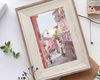 Watercolor Italian landscape, Street of Bellagio watercolor painting, Italian village painting, original art, frame not included