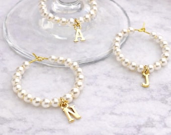 Personalized Wine Glass Charms Pearl with Gold Initial Custom Wedding Favors Bachelorette Party Bridal Shower Drink Marker Girls Night