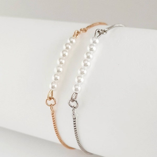 Tiny Pearl Bar bracelet, Pull tie pearl bracelet, Bridesmaid bracelet, Mother's Day gift, Pearl bracelet, Bridal bracelet set