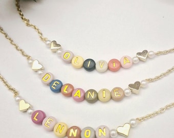 Bright Color Beads Name Necklace Kids Name Necklace Girls Custom Name Jewelry Gold Heart Necklace for Toddler Personalized Gift for Her